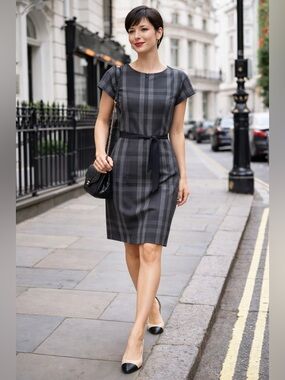 Burberry Brit Gray Plaid Belted Sheath Dress Sz 8 Pockets Nova Check SS Classic